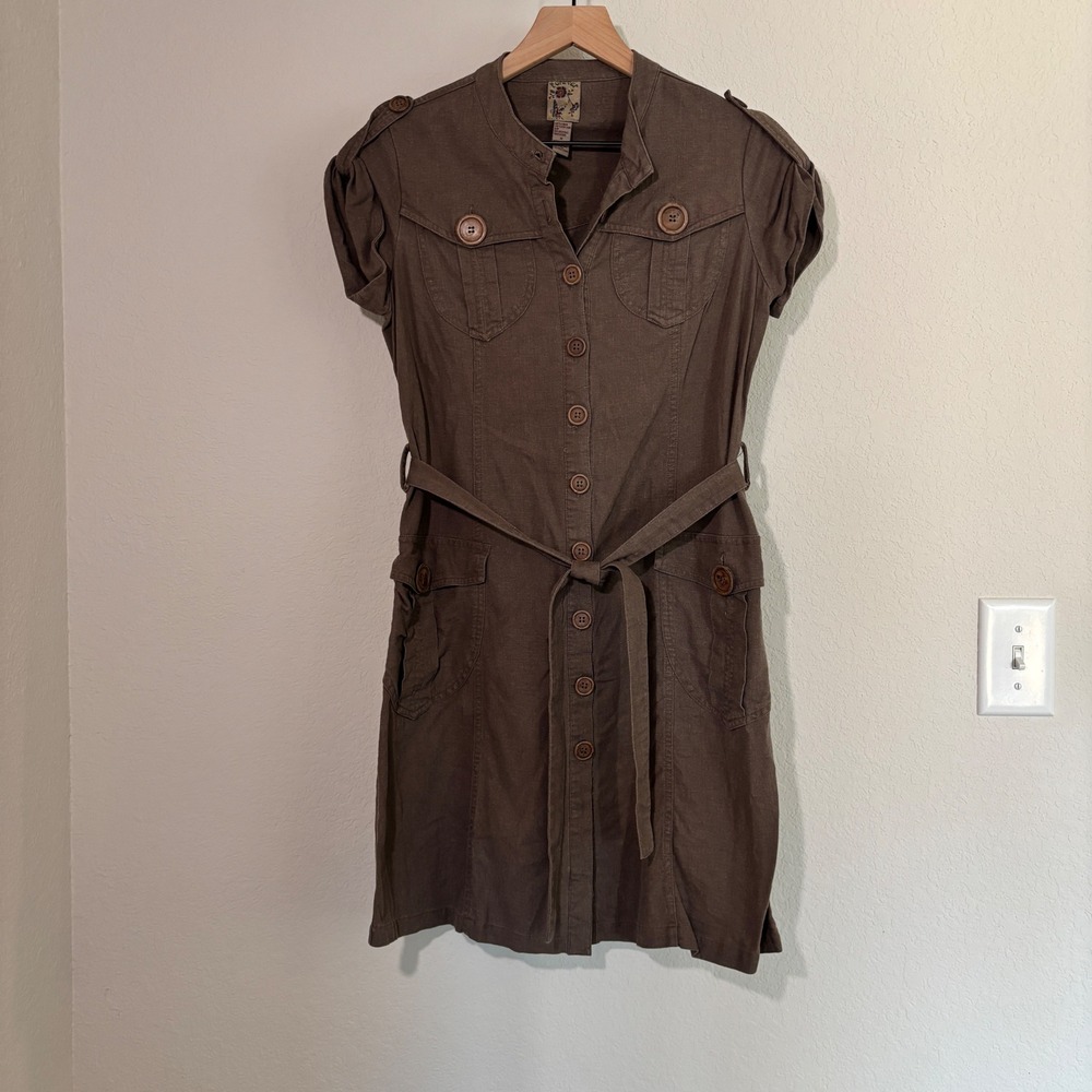 Forever Shirt Dress Safari Utility M Linen Cotton Brown Gorpcore Cargo Pocket